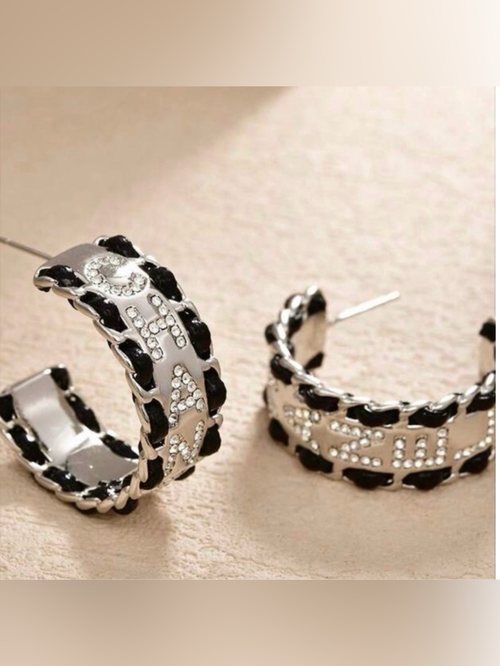 Luxe Black and Silver Chain-Trim Hoop Earrings
